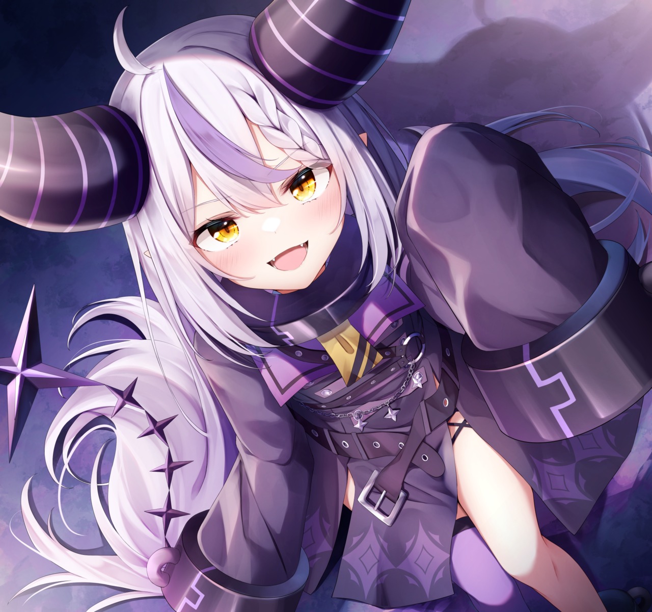 dress garter hololive horns la+_darknesss pointy_ears shishou_(doragyurosu) tail thighhighs