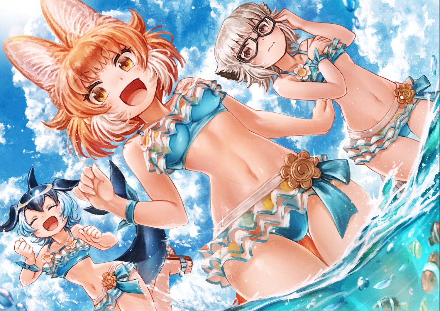 animal_ears bikini dhole_(kemono_friends) kemono_friends lain meerkat_(kemono_friends) megane short-beaked_common_dolphin swimsuits tail wet