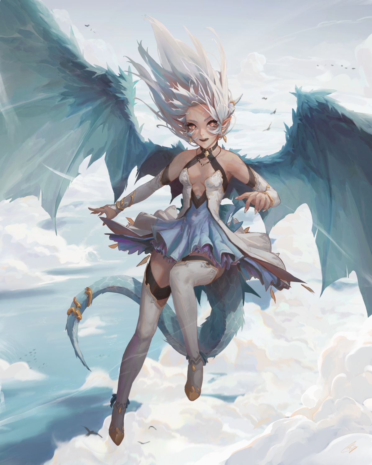 dress felix_thirasat monster_girl no_bra pointy_ears tail thighhighs wings