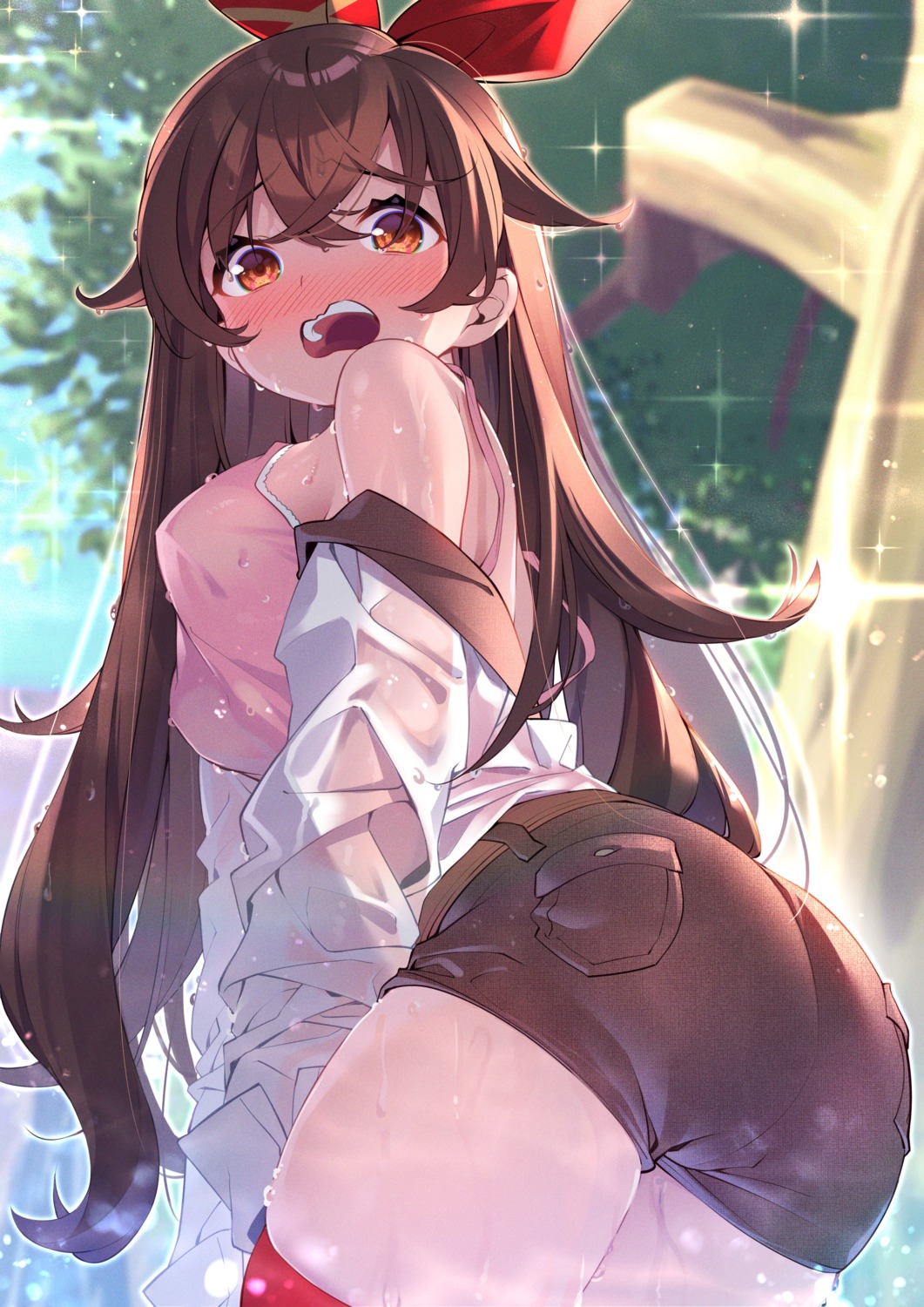 amber_(genshin_impact) ass erect_nipples genshin_impact konakona0307 open_shirt see_through thighhighs wet wet_clothes