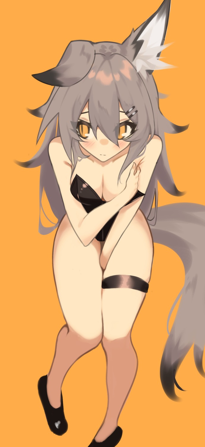 animal_ears breast_hold breasts fenrir_(ghost_(tama)) garter ghost_(tama) leotard no_bra tail