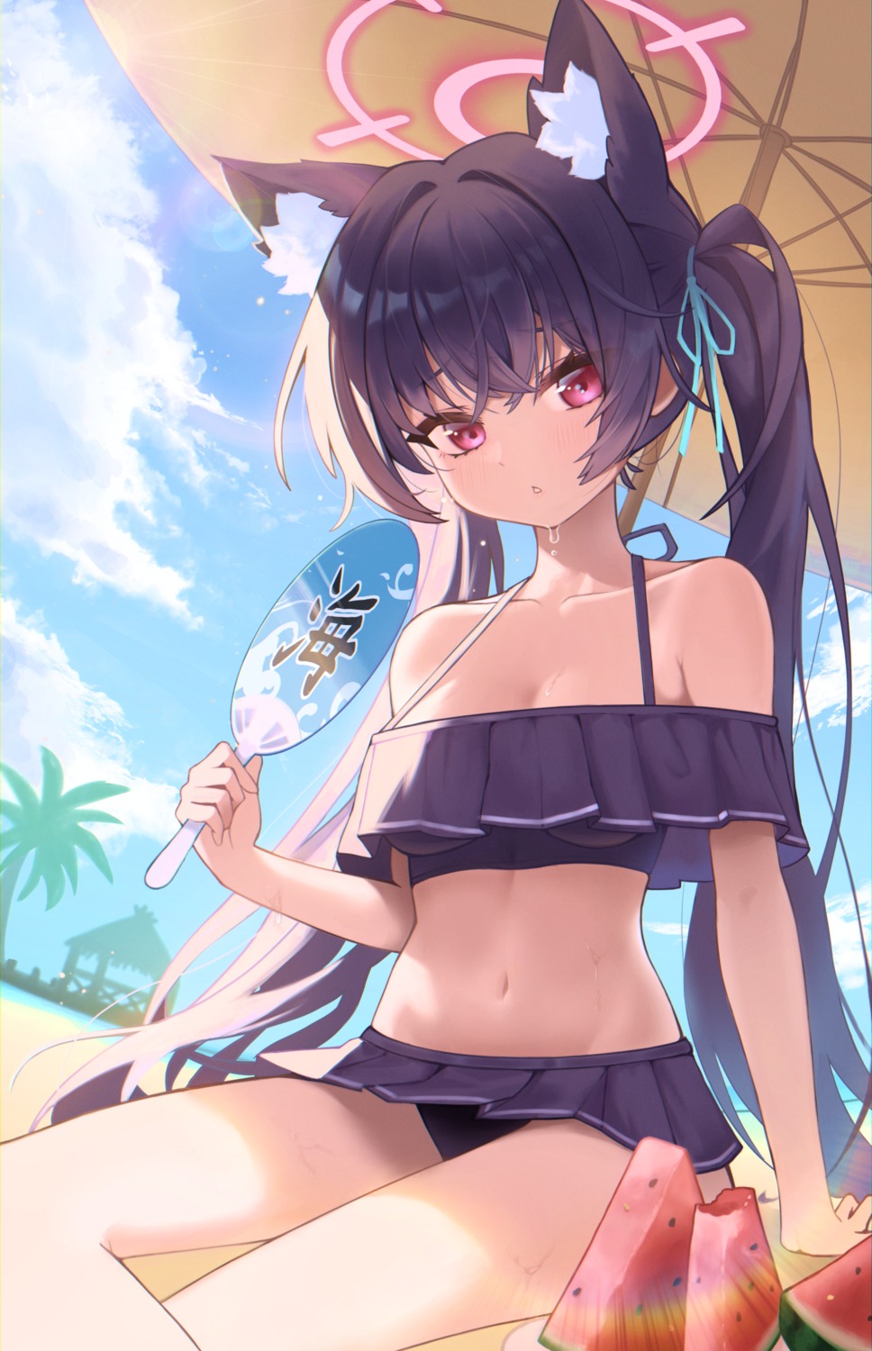 animal_ears bikini blue_archive halo kuromi_serika nekomimi r4chel skirt_lift swimsuits