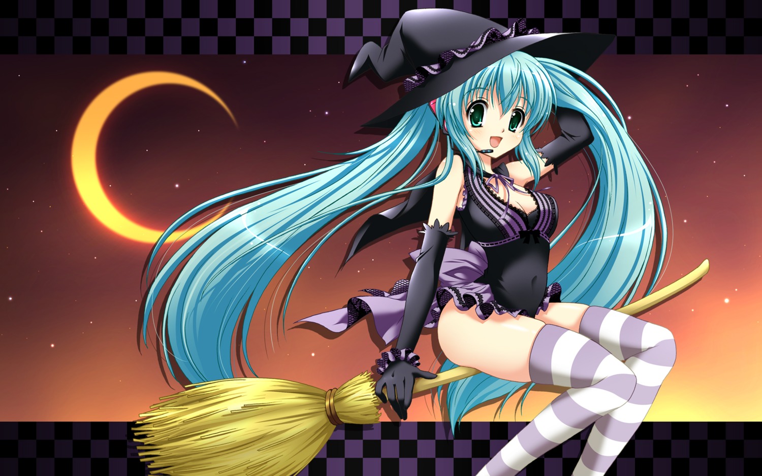 cleavage halloween hatsune_miku headphones leotard suzui_narumi thighhighs vocaloid wallpaper witch