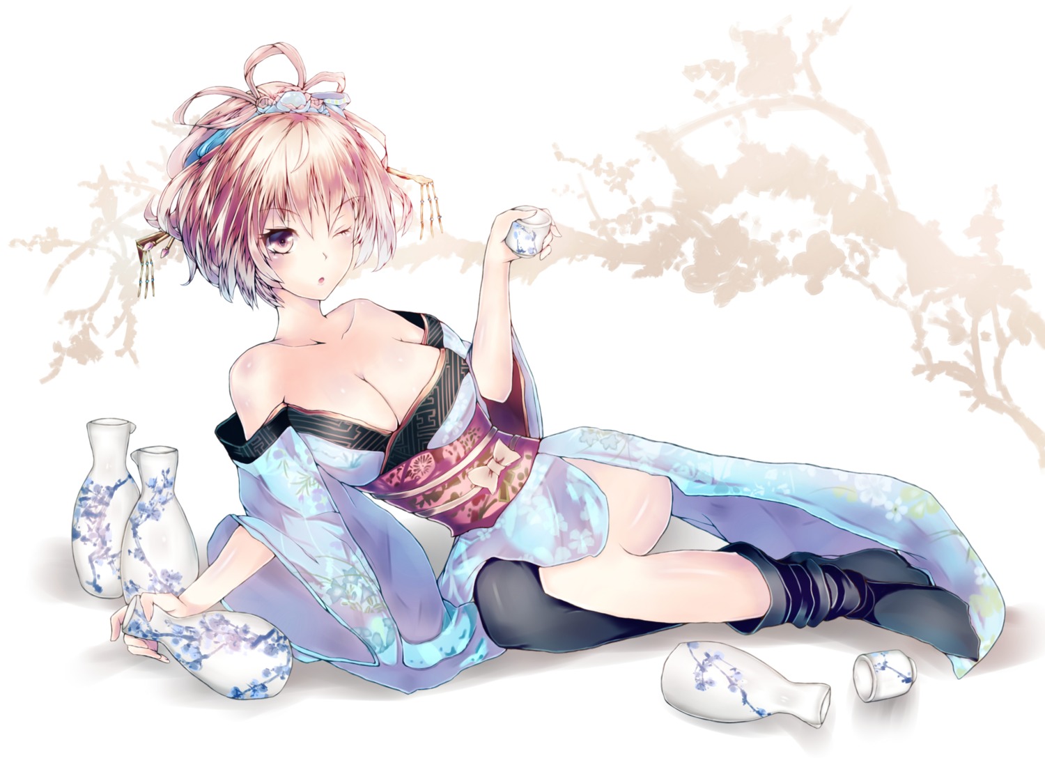 cleavage kimono no_bra open_shirt sake thighhighs yamika