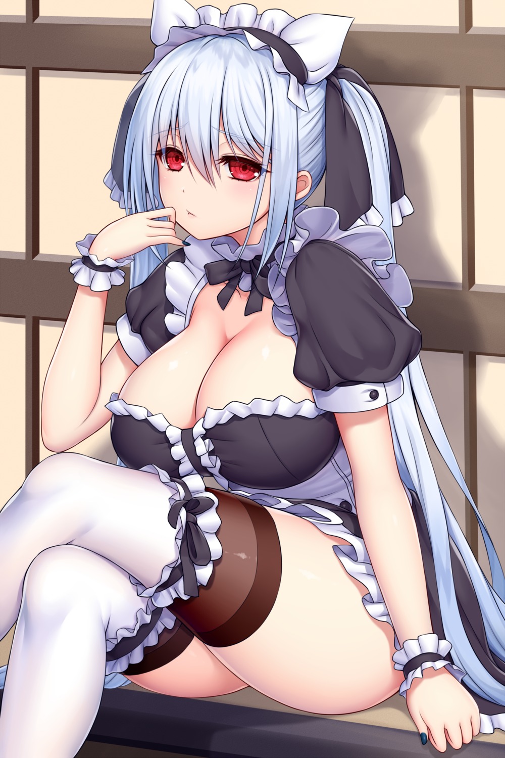 asamura_hiori maid no_bra skirt_lift thighhighs