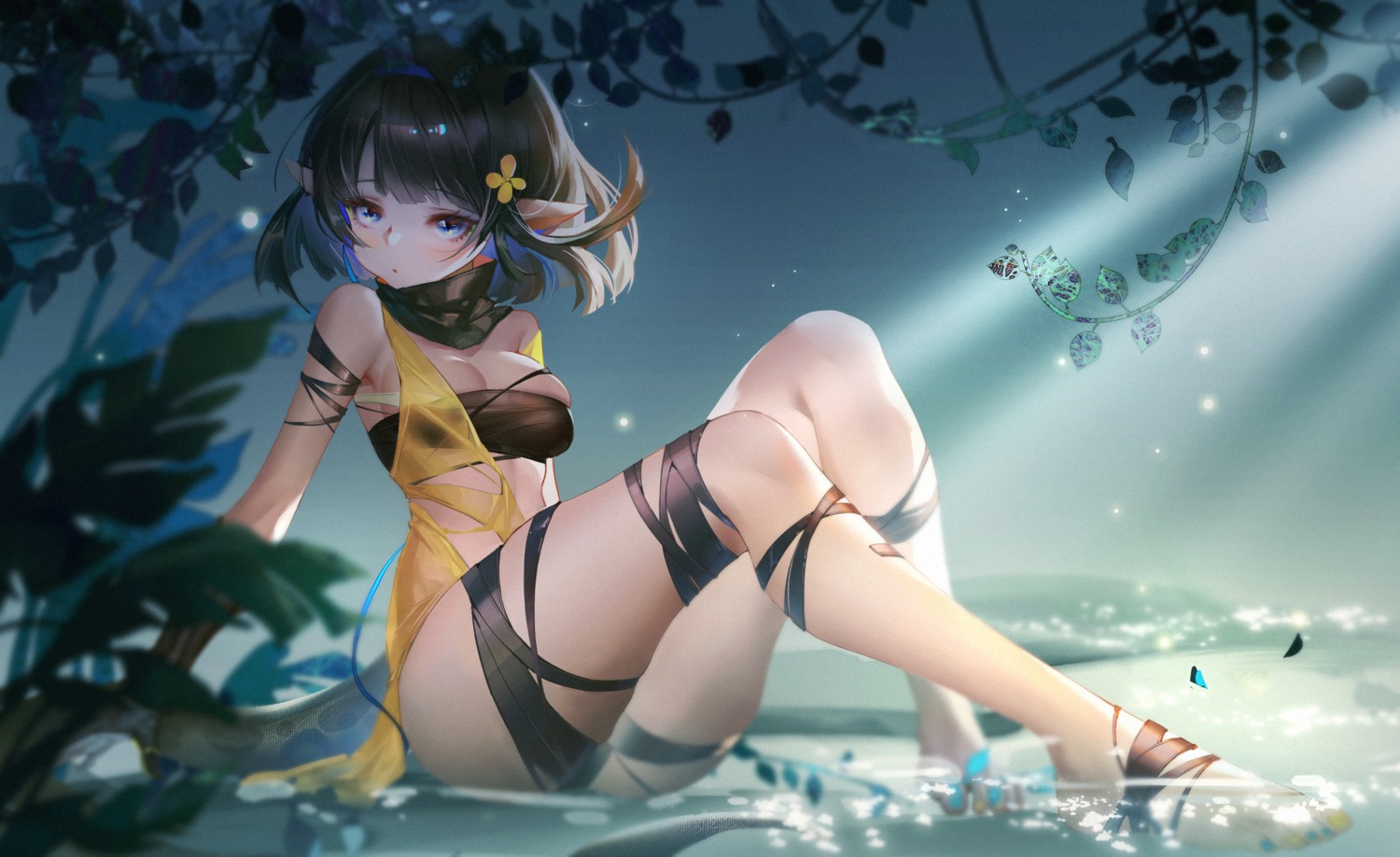 arknights bandages eunectes_(arknights) no_bra pointy_ears see_through tail torn_clothes tuzhate wet