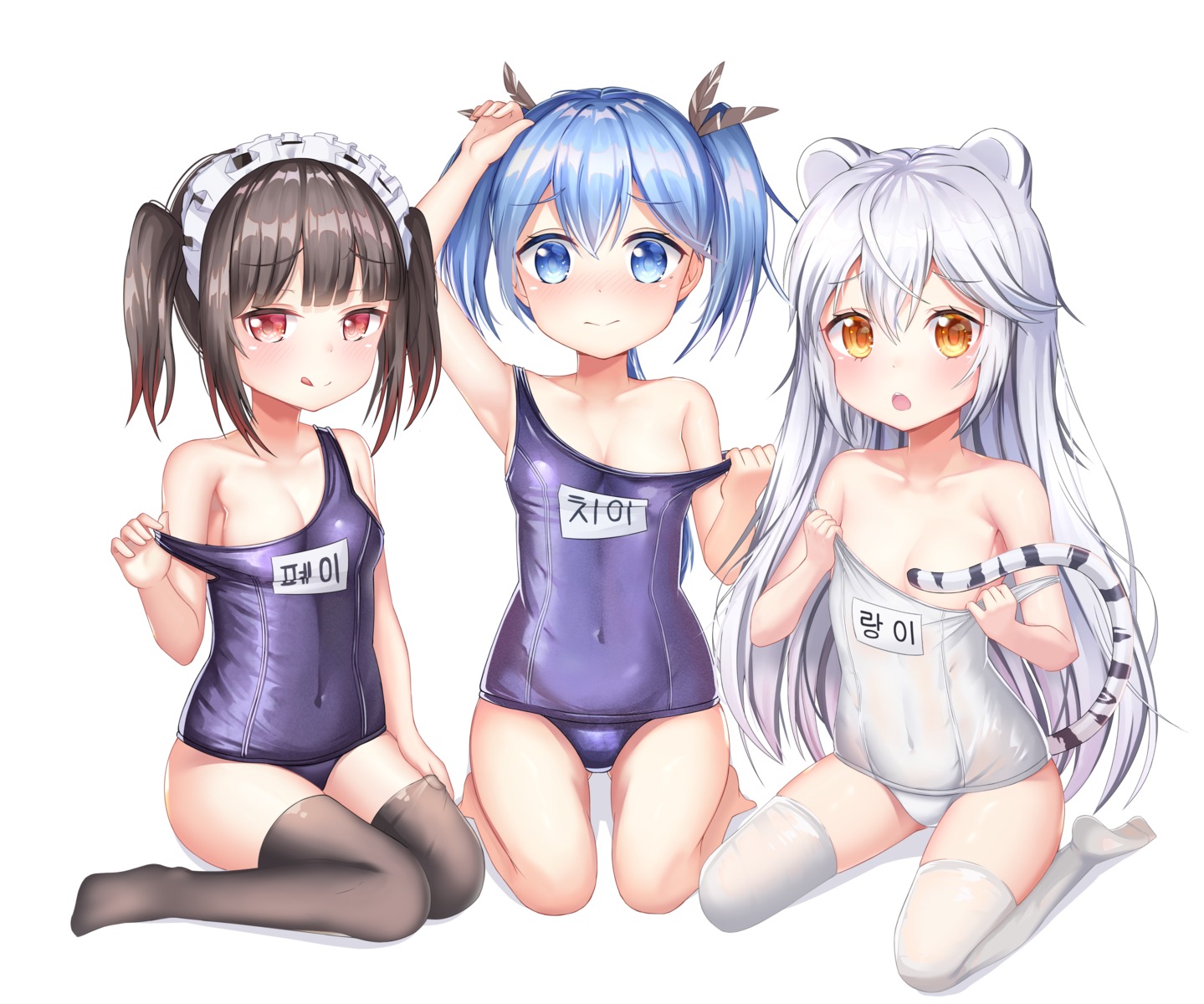 animal_ears breasts cleavage loli mannack school_swimsuit see_through swimsuits tail thighhighs undressing