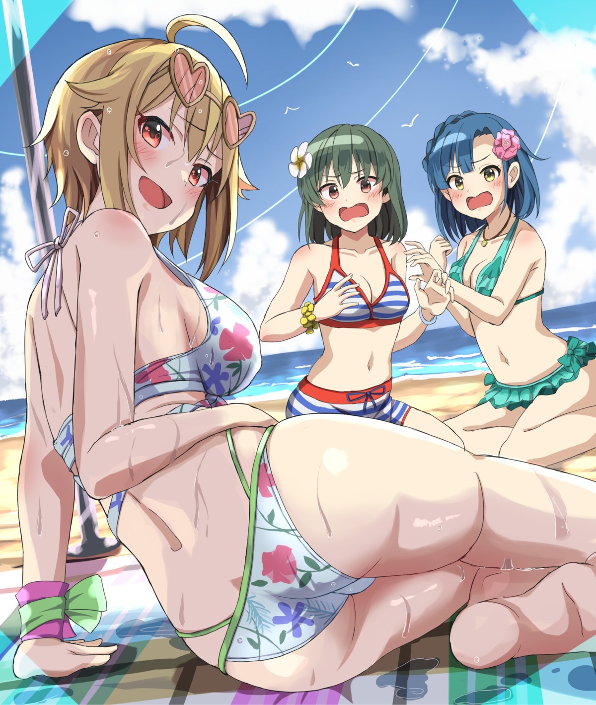 ass bikini cleavage feet haruki_(haruki678) ibuki_tsubasa megane nagayoshi_subaru nanao_yuriko swimsuits the_idolm@ster the_idolm@ster_million_live! wet