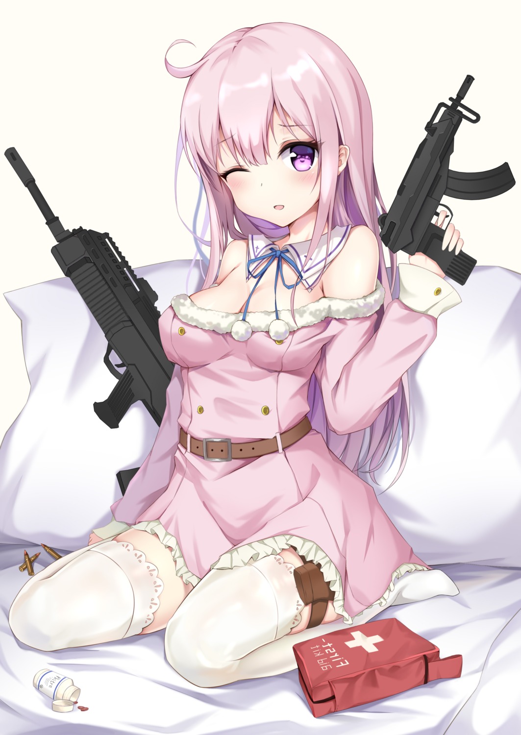 cleavage dress garter gun ms-06s no_bra see_through thighhighs