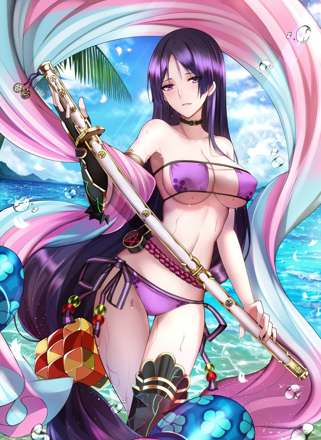bikini cleavage fate/grand_order minamoto_no_raikou_(fate/grand_order) shiguru swimsuits sword thighhighs underboob