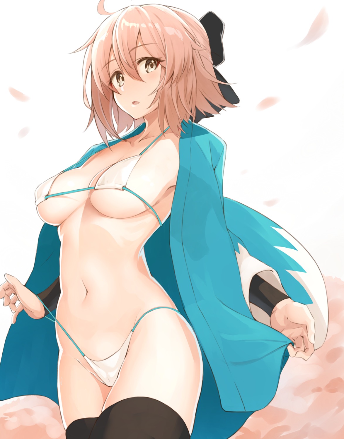 bikini cameltoe fate/grand_order okita_souji_(fate) open_shirt swimsuits syunichi thighhighs