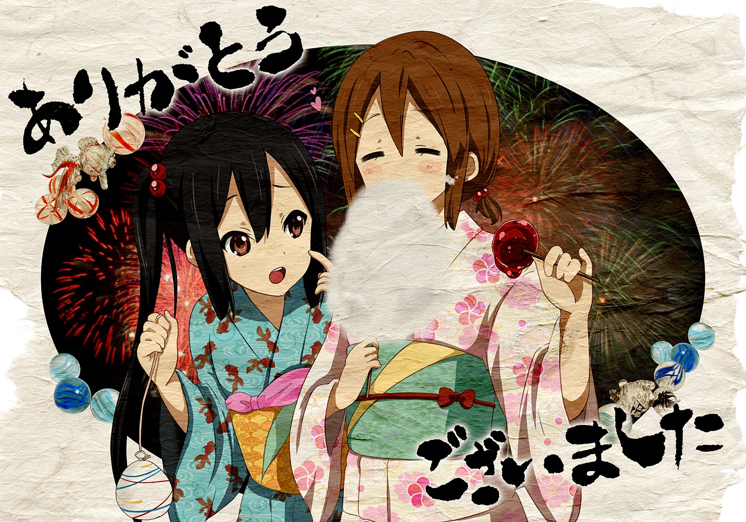 hirasawa_yui k-on! nakano_azusa paper_texture ragho_no_erika yukata