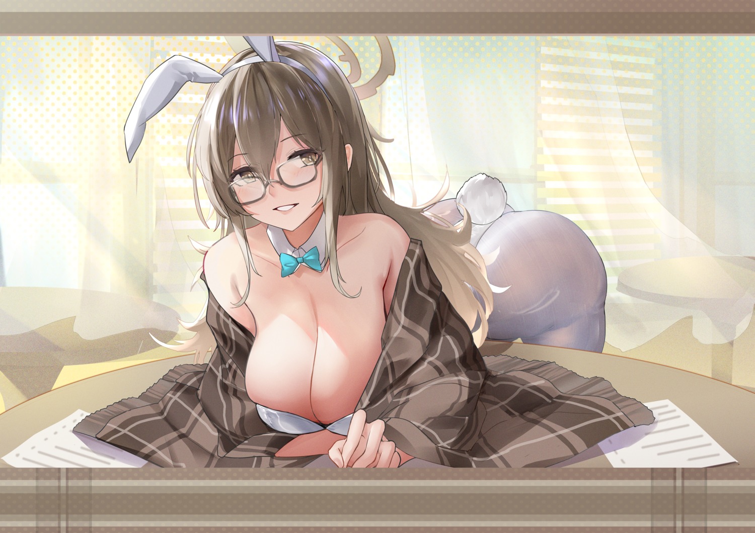 animal_ears blue_archive bobo_(6630978) bunny_ears bunny_girl halo megane murokasa_akane no_bra pantyhose tail