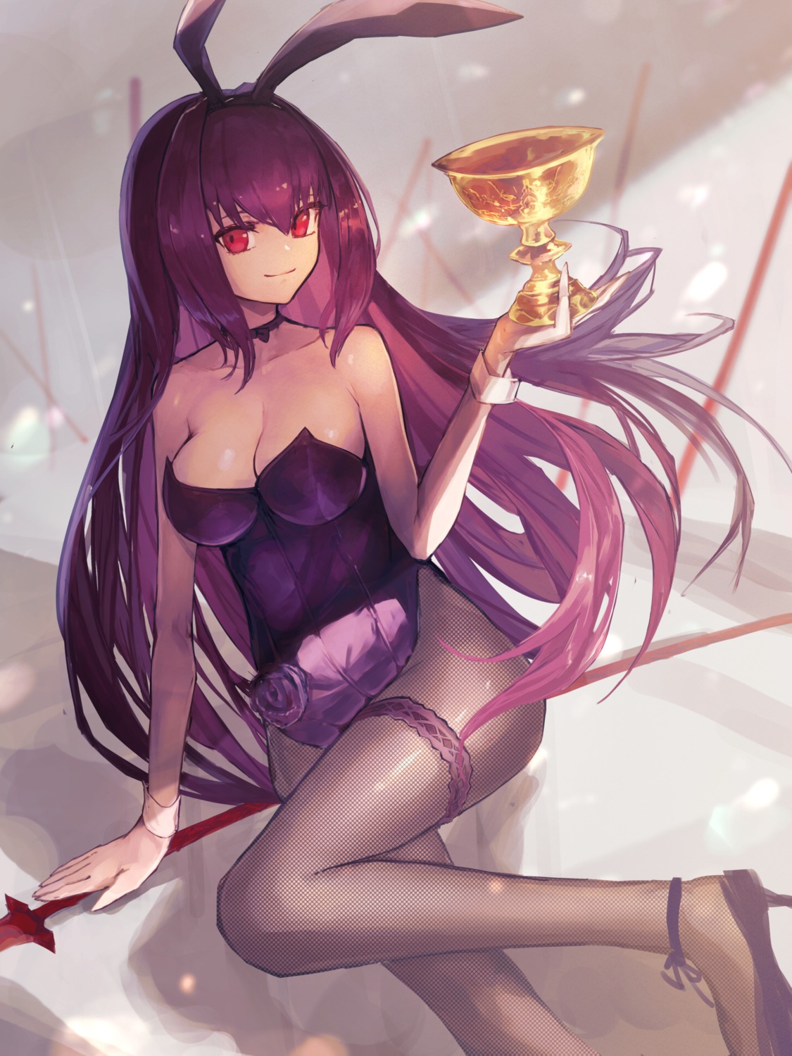 aito animal_ears bunny_ears bunny_girl fate/grand_order fishnets garter heels no_bra pantyhose scathach_(fate/grand_order) weapon