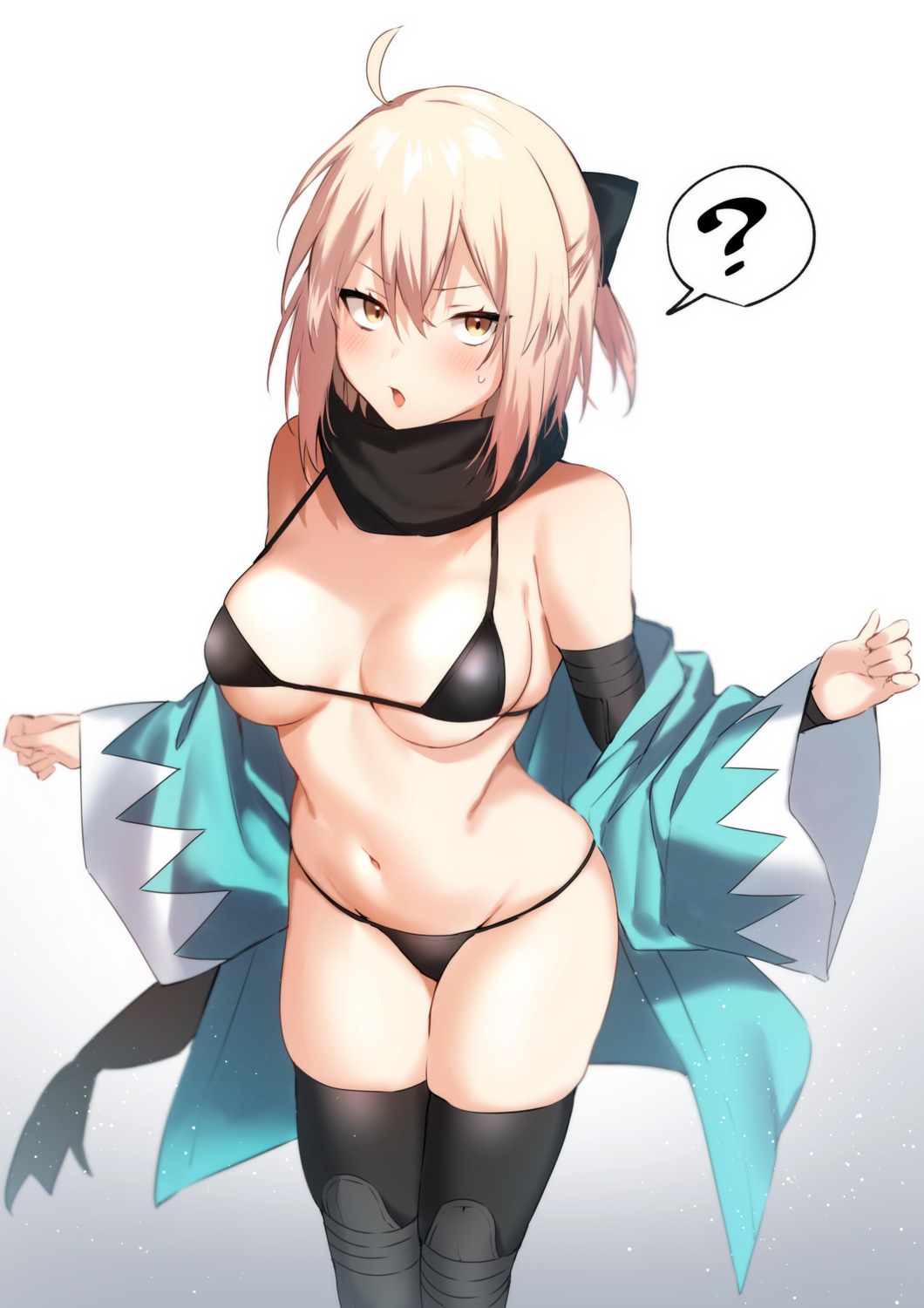 bikini danimaru fate/grand_order japanese_clothes koha-ace okita_souji_(fate) open_shirt swimsuits thighhighs