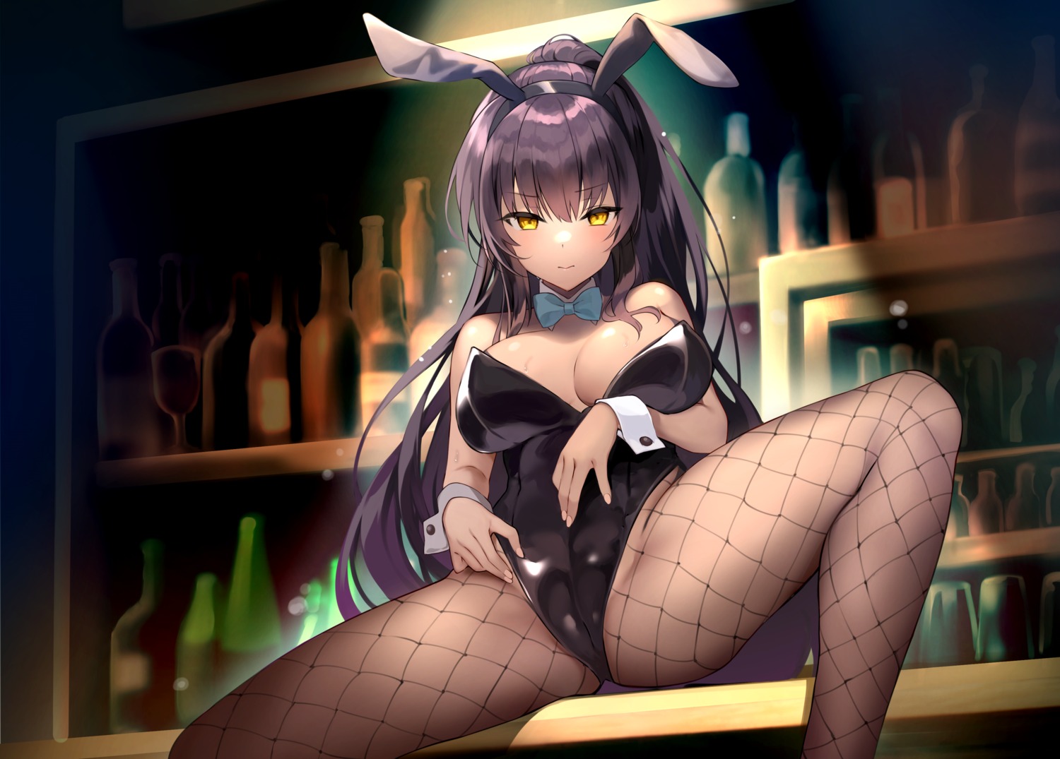 animal_ears blue_archive bunny_ears bunny_girl cameltoe fishnets halo kakudate_karin no_bra pantyhose rei