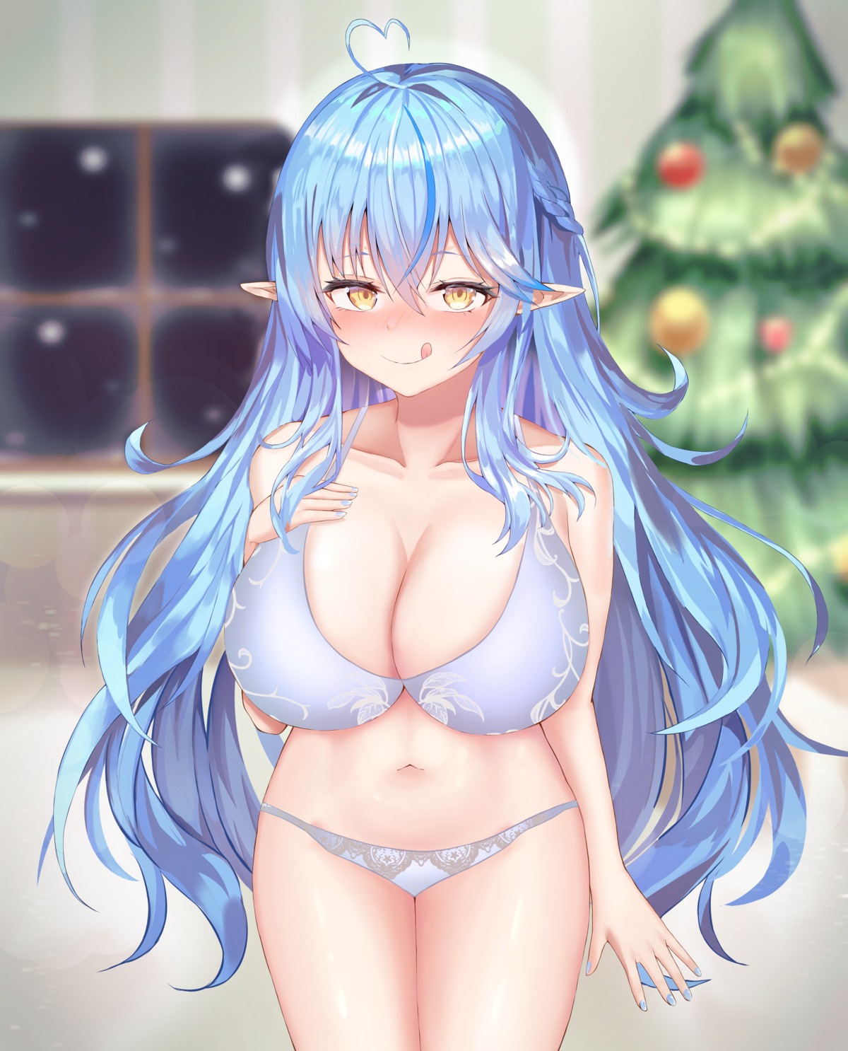 bra christmas cleavage elf hololive pantsu pointy_ears yukihana_lamy