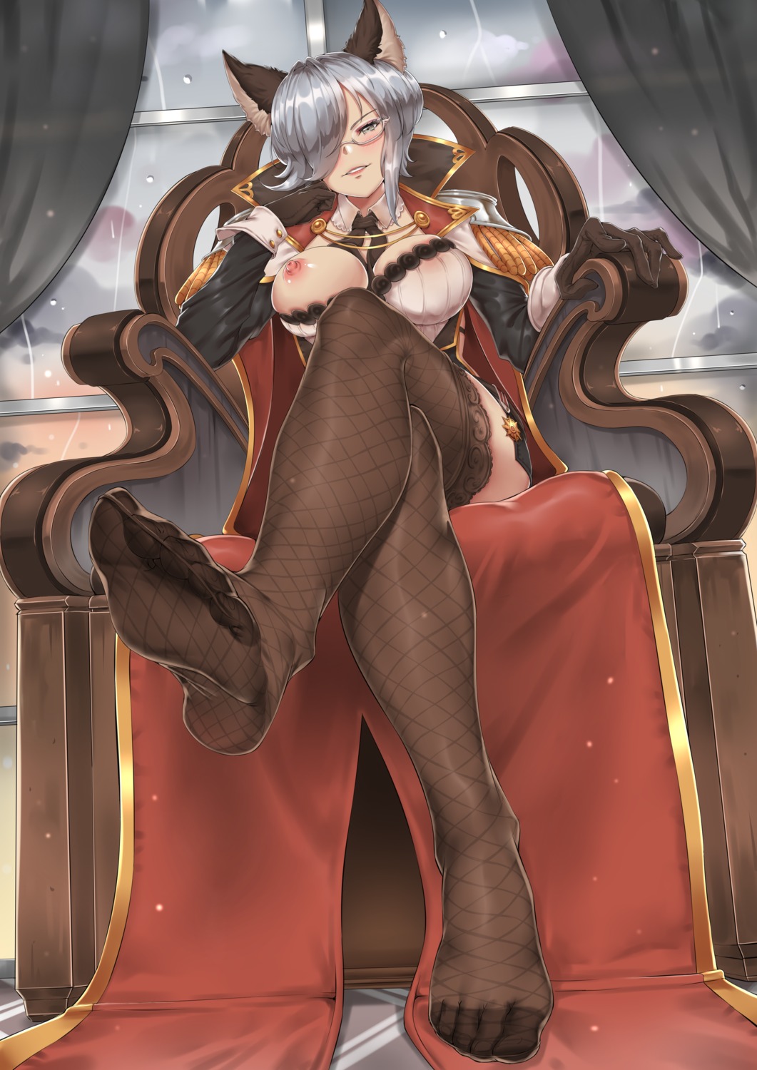 animal_ears breasts feet fishnets freesia_von_bismarck granblue_fantasy kinhasu megane nipples no_bra open_shirt street_fighter thighhighs uniform