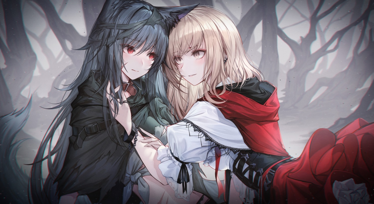 animal_ears big_bad_wolf chyopeuteu little_red_riding_hood_(character) skirt_lift tail torn_clothes yuri