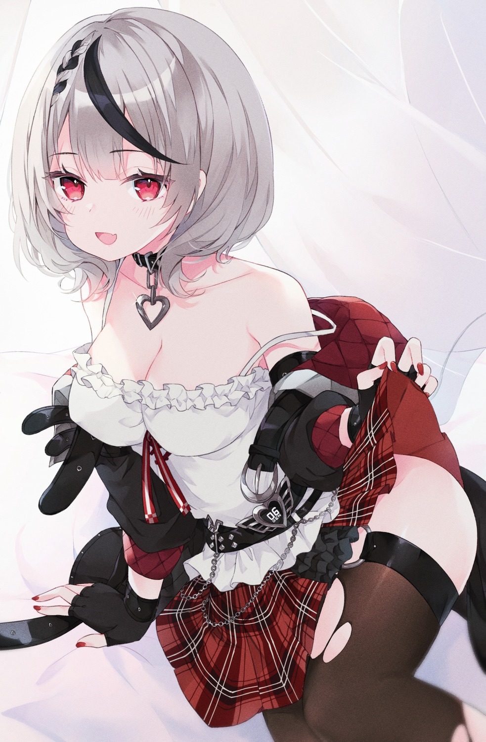 95kazumi ass cleavage garter hololive sakamata_chloe skirt_lift thighhighs torn_clothes undressing wardrobe_malfunction