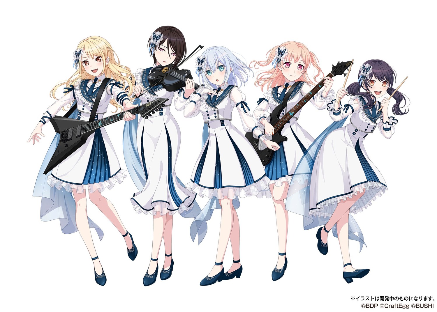 bang_dream! futaba_tsukushi guitar heels hiromachi_nanami kirigaya_touko kurata_mashiro see_through uniform yashio_rui