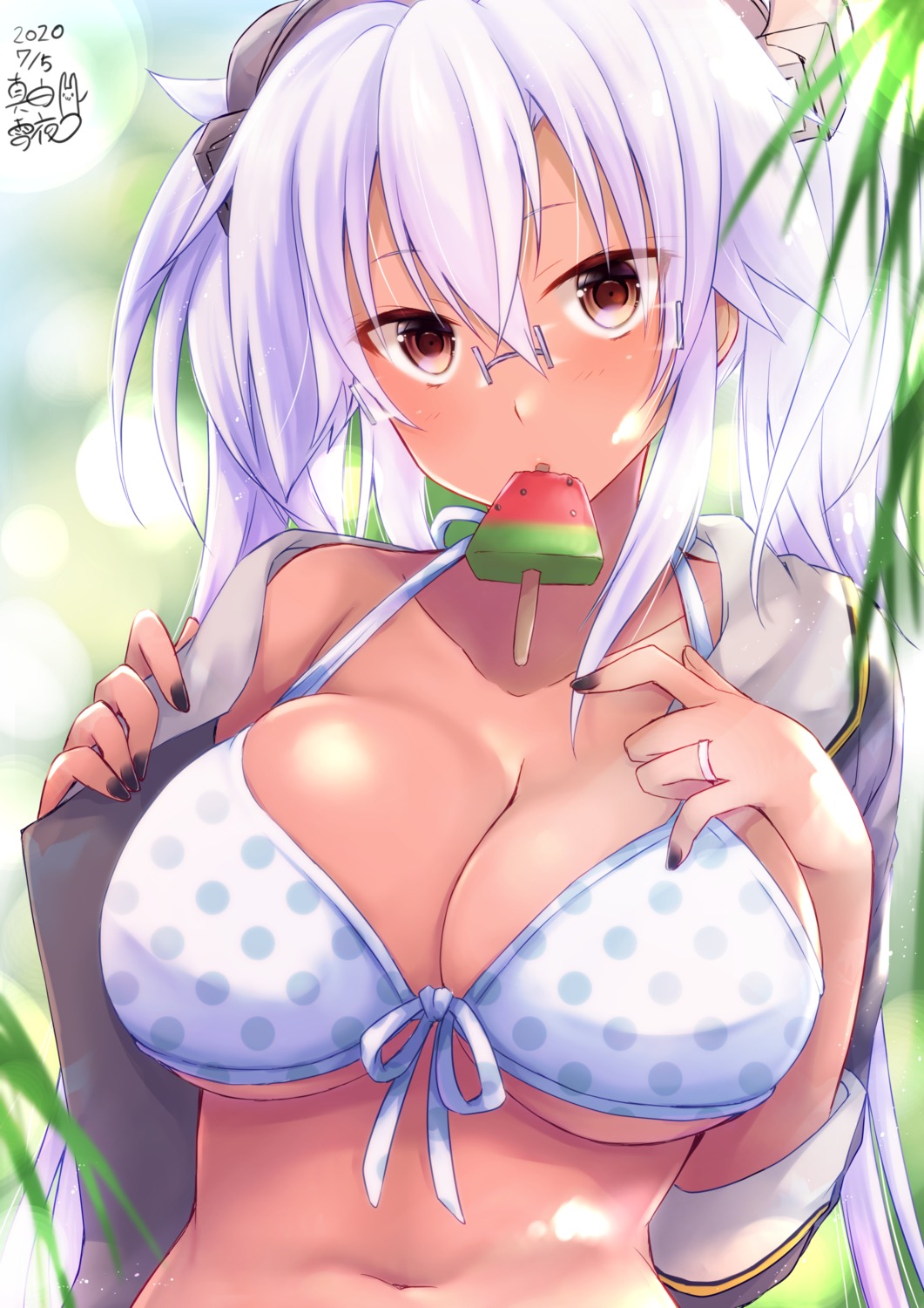 bikini_top kantai_collection mashiro_yukiya megane musashi_(kancolle) open_shirt seifuku swimsuits undressing