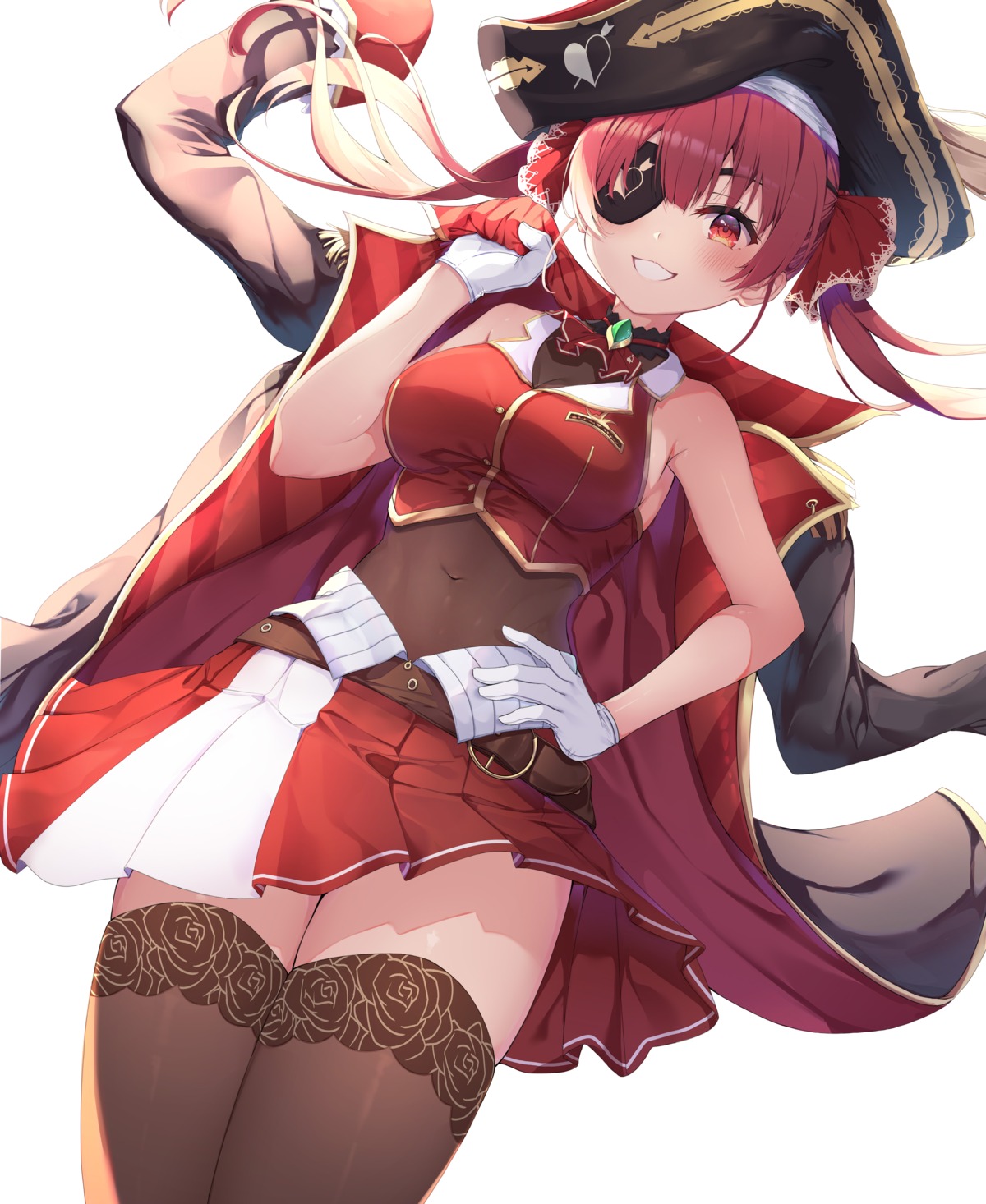 eyepatch hololive houshou_marine keis_(locrian1357) pirate skirt_lift thighhighs