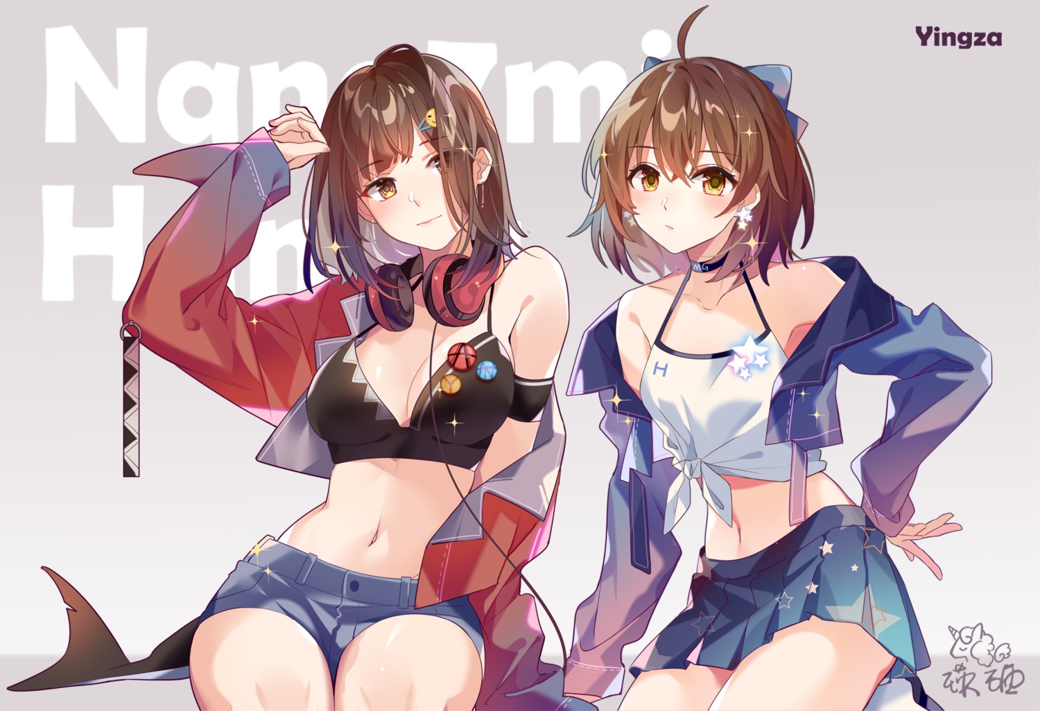 akira_(ying) bra cleavage headphones open_shirt shirt_lift