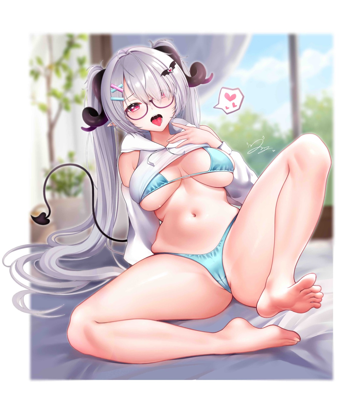 bikini cameltoe devil feet horns megane pointy_ears shirt_lift swimsuits tail thong yanyanzi