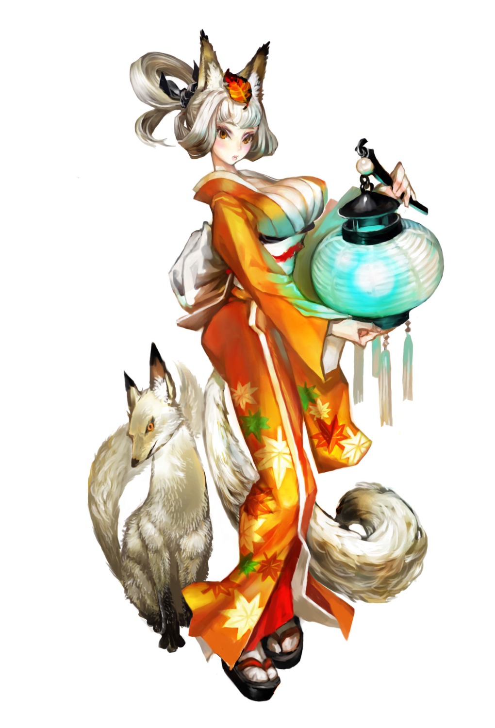 animal_ears cleavage george_kamitani kimono kitsune kongiku oboro_muramasa