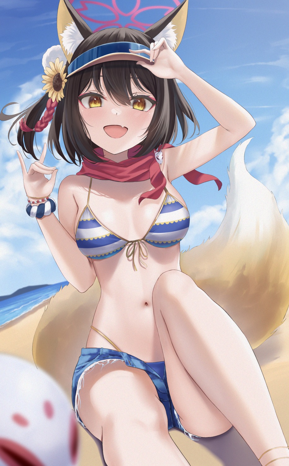 animal_ears bikini blue_archive halo kitsune kuda_izuna rama_(yu-light8) swimsuits tail torn_clothes