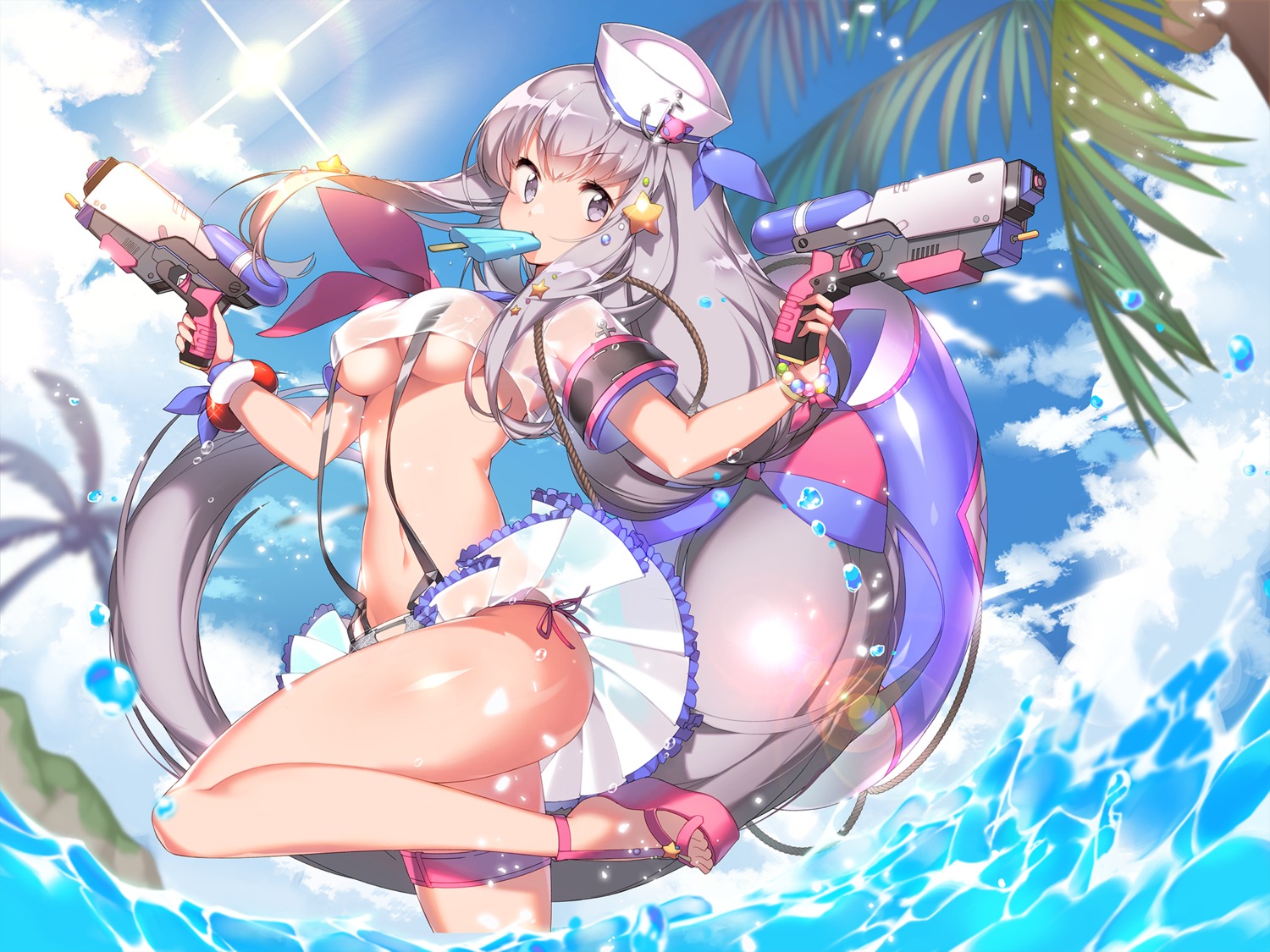 anpolly garter gun no_bra pantsu see_through skirt_lift string_panties wet wet_clothes