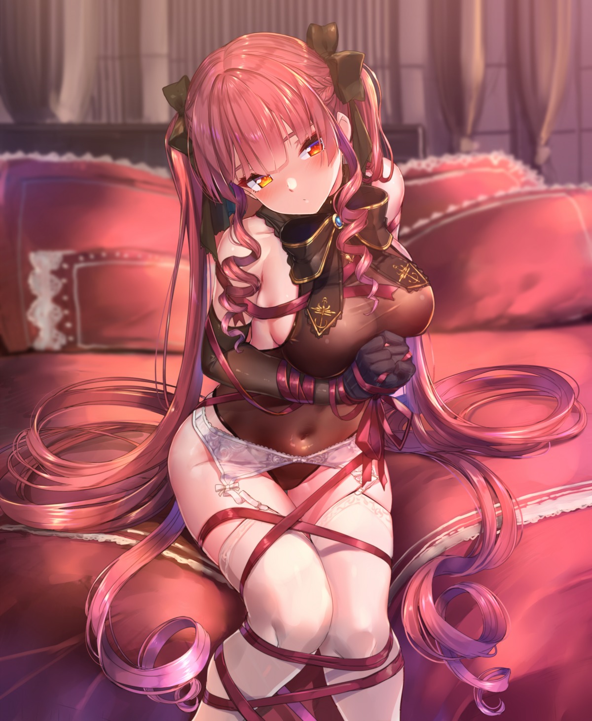 akasa_ai bondage breast_hold garter_belt heterochromia hololive houshou_marine leotard stockings thighhighs