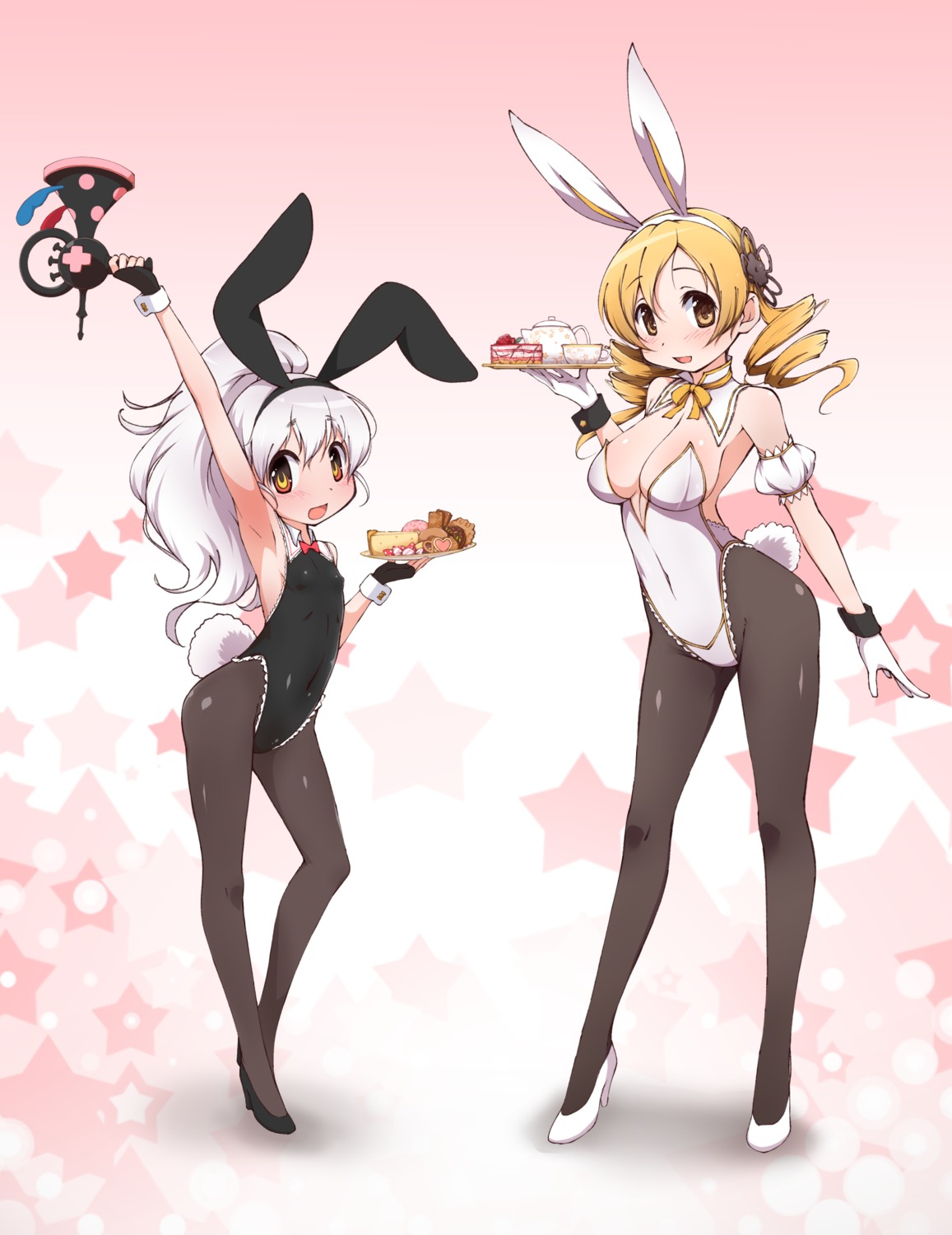 animal_ears bunny_ears bunny_girl heels loli momoe_nagisa no_bra pantyhose puella_magi_madoka_magica tail tomoe_mami yanmaami