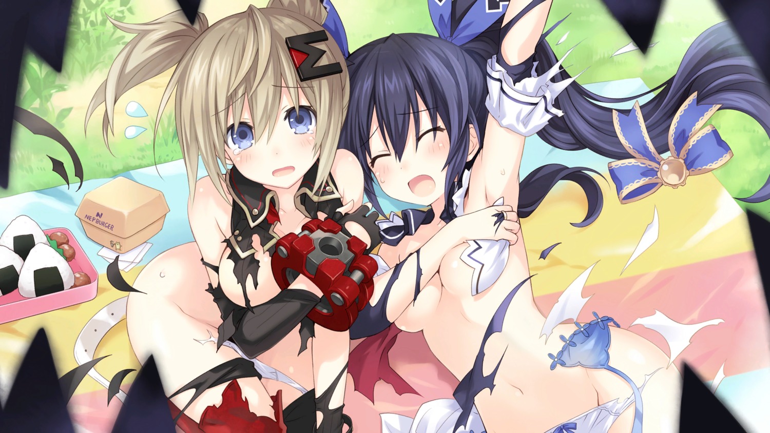 breast_hold breasts choujigen_game_neptune game_cg god_eater_(choujigen_game_neptune) no_bra noire pantsu panty_pull shinjigen_game_neptune_vii thighhighs torn_clothes tsunako wardrobe_malfunction