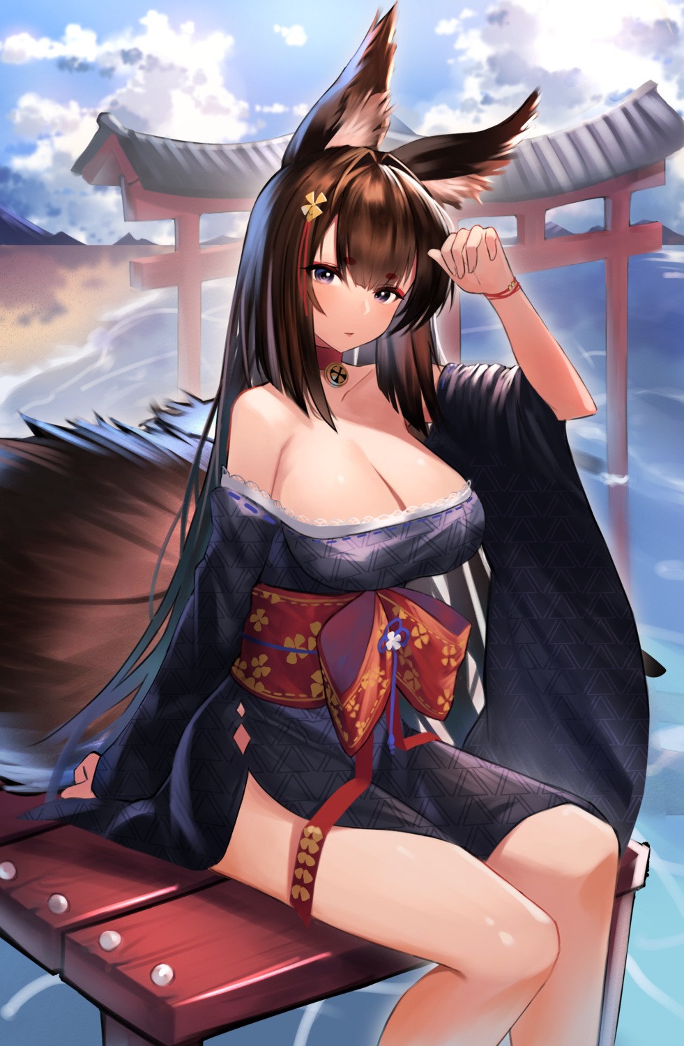 amagi_(azur_lane) animal_ears azur_lane kimono kitsune lordol no_bra open_shirt tail