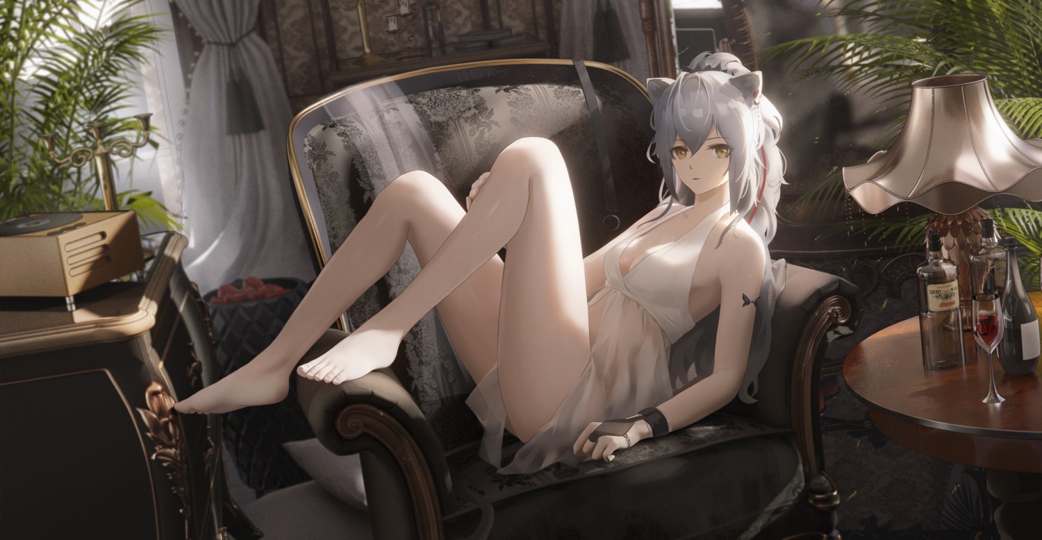 animal_ears arknights cleavage dress feet lingse no_bra schwarz_(arknights) see_through skirt_lift tail tattoo