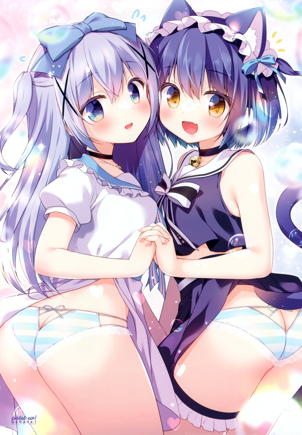 animal_ears ass garter gochuumon_wa_usagi_desu_ka? jouga_maya kafuu_chino loli nekomimi pantsu sasai_saji seifuku shimapan skirt_lift tail watakubi