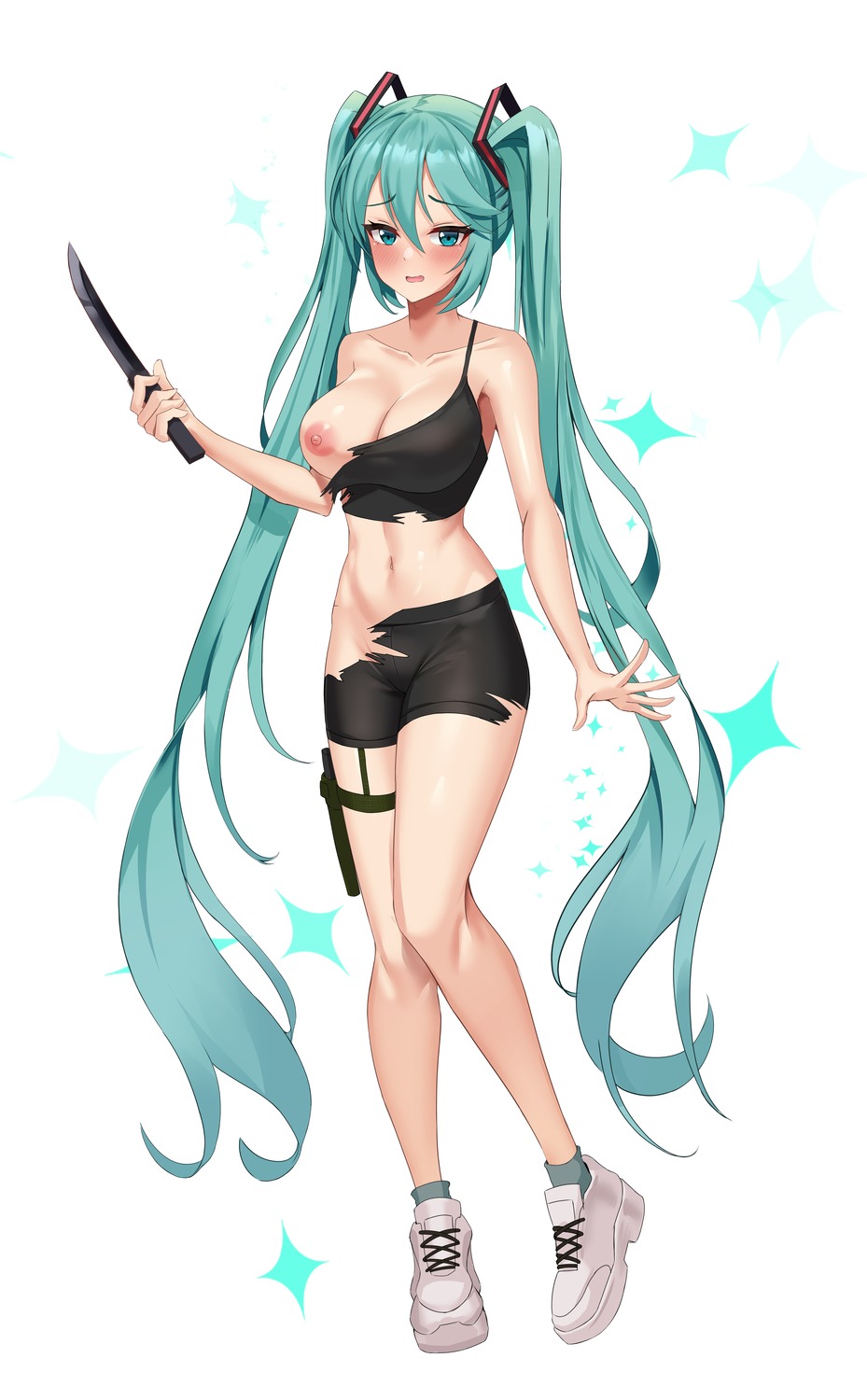 bike_shorts breasts garter hatsune_miku nipples no_bra nopan onedoo torn_clothes vocaloid weapon