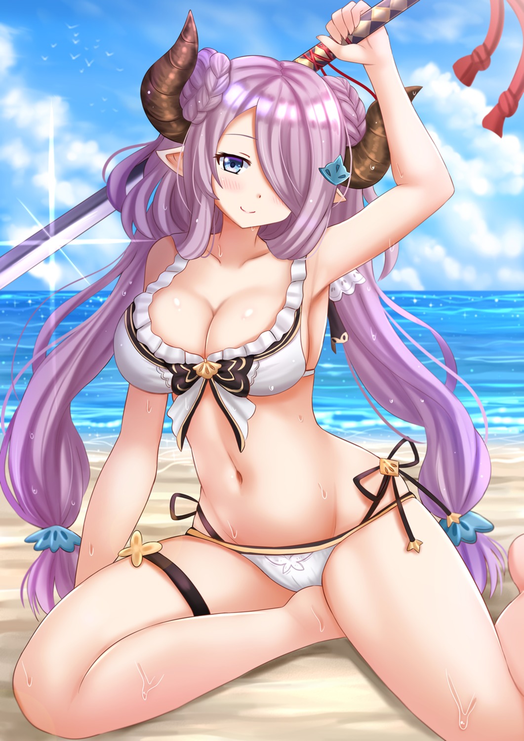 bikini cleavage garter granblue_fantasy horns kazenokaze narumeia_(granblue_fantasy) pointy_ears swimsuits sword