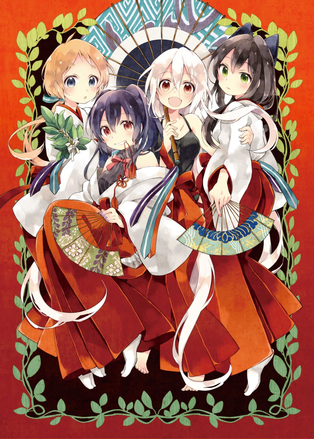 chiya_(urara_meirochou) harikamo miko natsume_nono tatsumi_kon umbrella urara_meirochou yukimi_koume