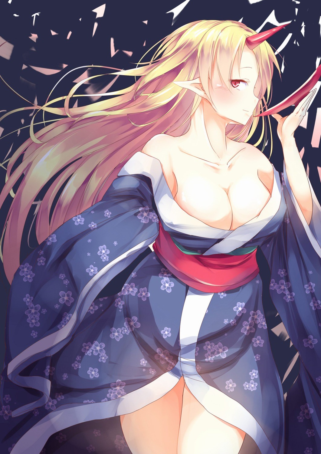 horns hoshiguma_yuugi kanzakietc kimono no_bra open_shirt pointy_ears touhou