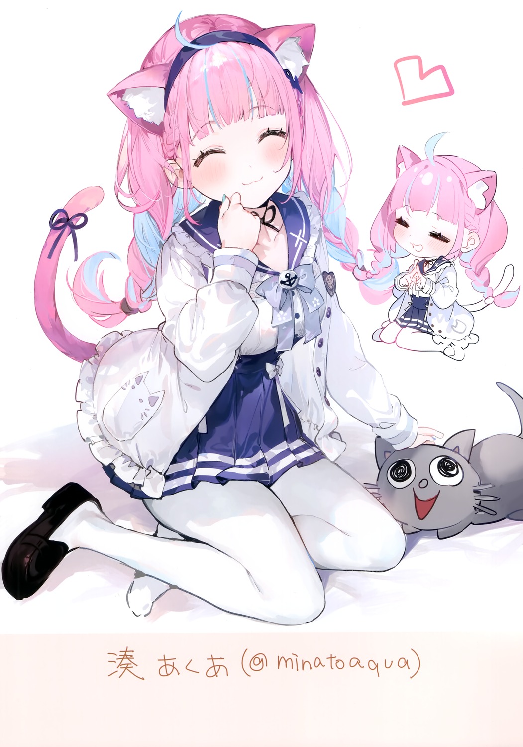 animal_ears chibi hololive kinniku_poyopoyo minato_aqua neko nekomimi pantyhose seifuku tail umibouzu