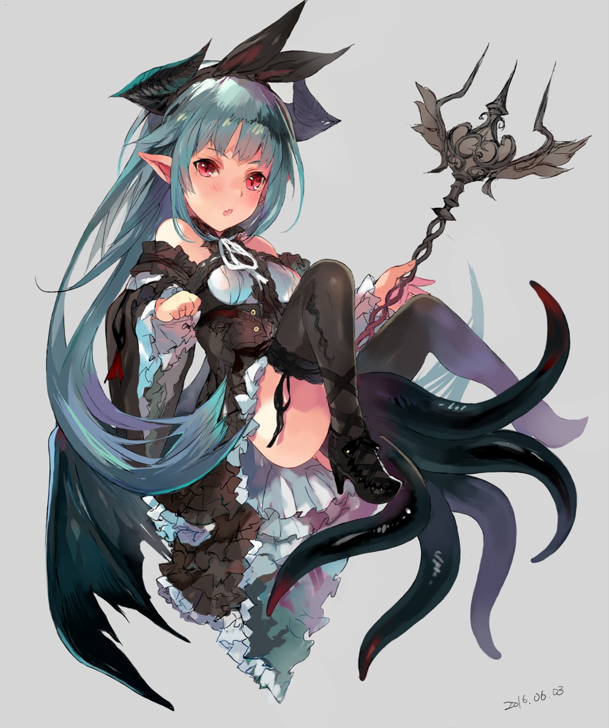 dress gothic_lolita heels horns lolita_fashion nopan pointy_ears tentacles thighhighs unkq weapon wings