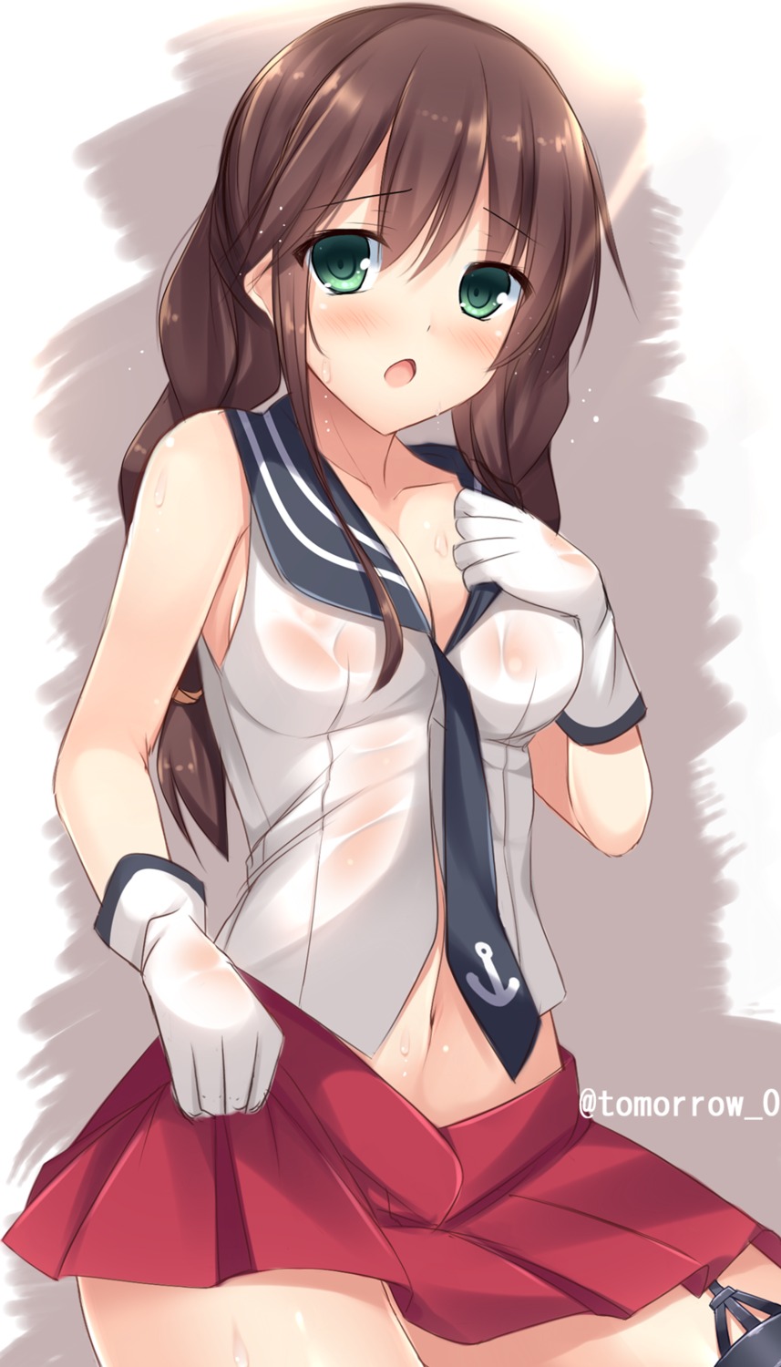 kantai_collection noshiro_(kancolle) see_through seifuku skirt_lift tomoo wet wet_clothes