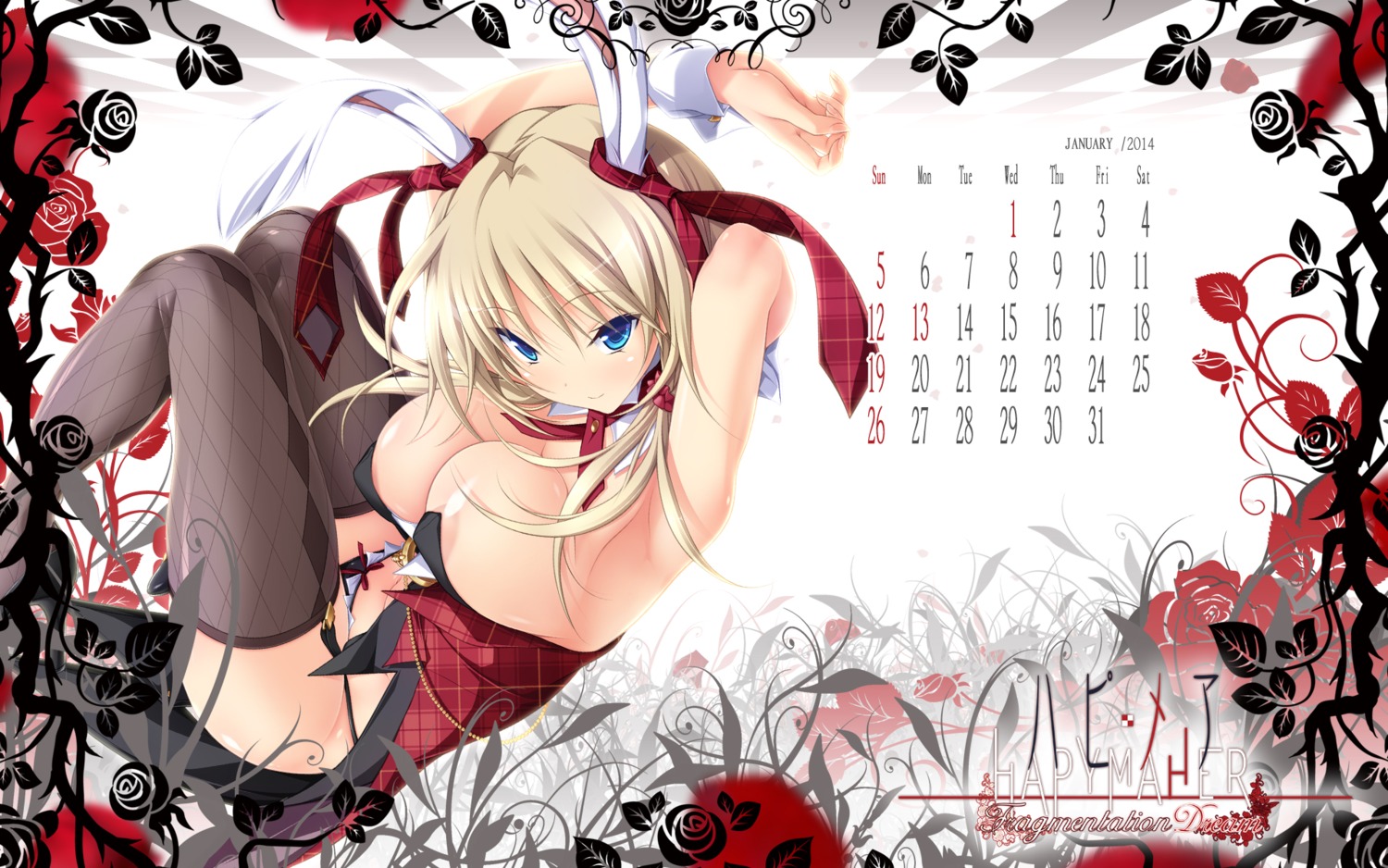 animal_ears areola bunny_ears bunny_girl calendar cleavage hapymaher koku purple_software stockings thighhighs yayoi_b._lutwidge