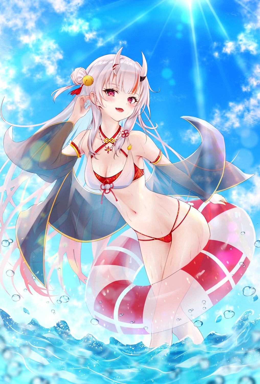 bikini cameltoe cleavage hololive horns nakiri_ayame open_shirt see_through shihaku_rare swimsuits wet