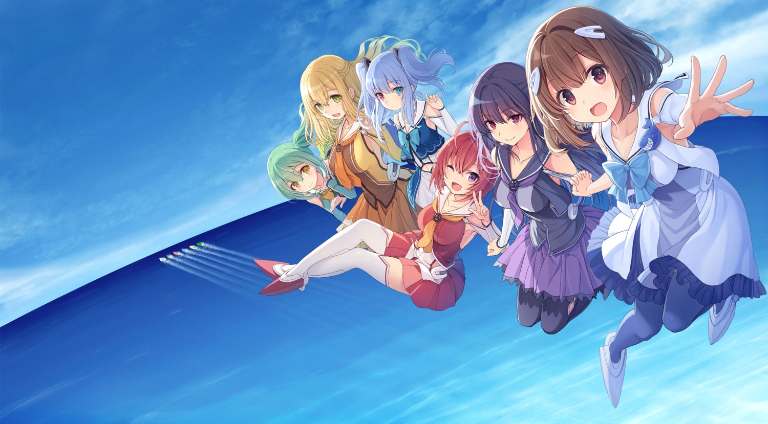 boat_race_heiwajima cleavage heels heiwajima_komugi heterochromia keihin_futaba motor_queen ookuni_keyaki oomori_toa pantyhose seifuku shouwajima_natsu suzugamori_ikono thighhighs yashiro_seika