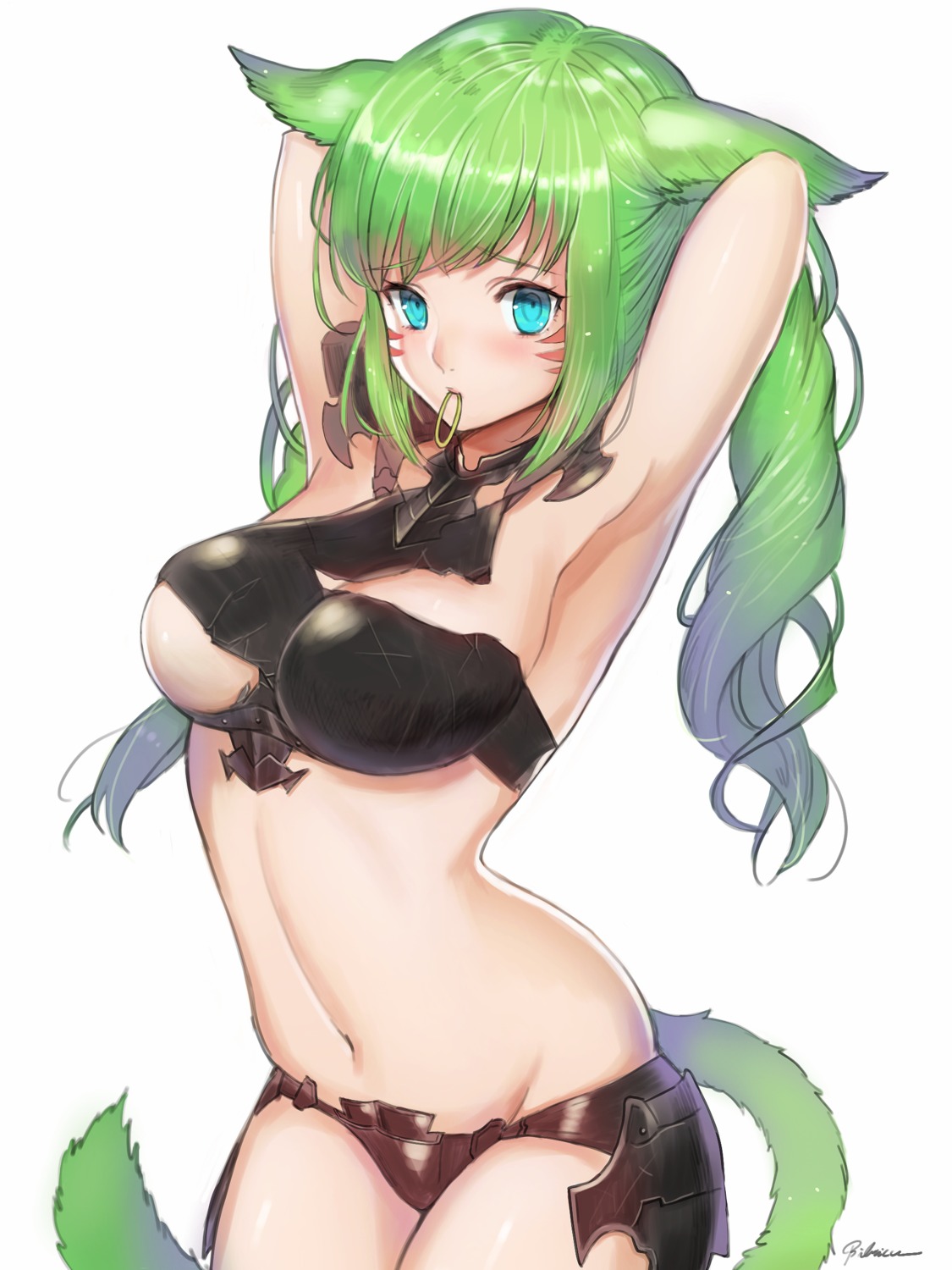 animal_ears bibiko bikini_armor final_fantasy final_fantasy_xiv miqo'te tail torn_clothes