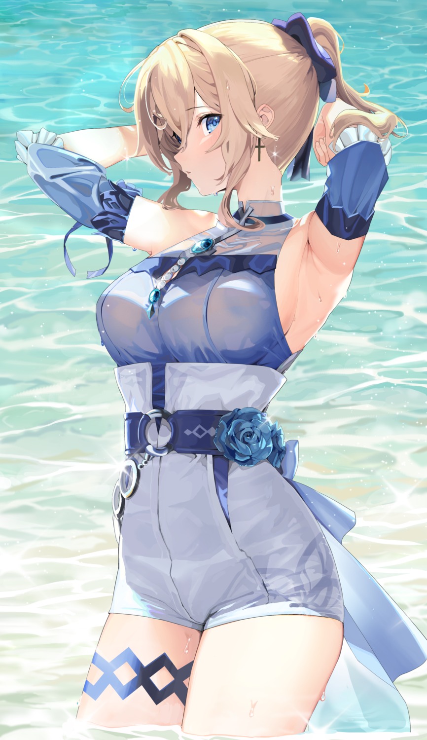 artist_revision be_garam garter genshin_impact jean_(genshin_impact) see_through wet wet_clothes